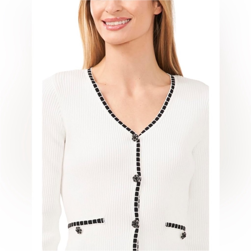 CeCe White Ribbed V-Neck Cardigan with Black Trim Accents